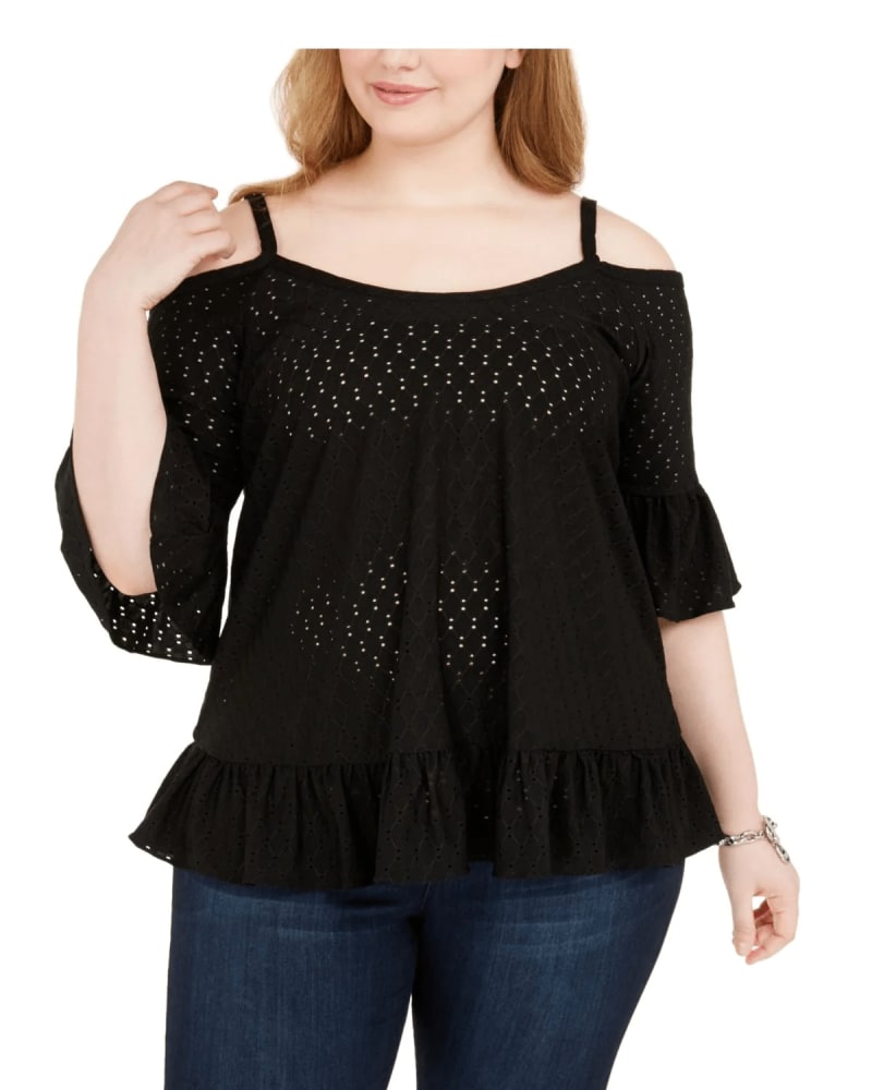 Front of a model wearing a size 2X Michael Kors Women's Plus Blouse Cold Shoulder Eyelet Black Size 2X in Black by Michael Kors. | dia_product_style_image_id:311345